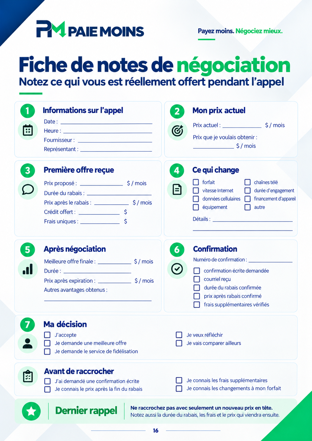 Bonus Fiche de notes de négociation
